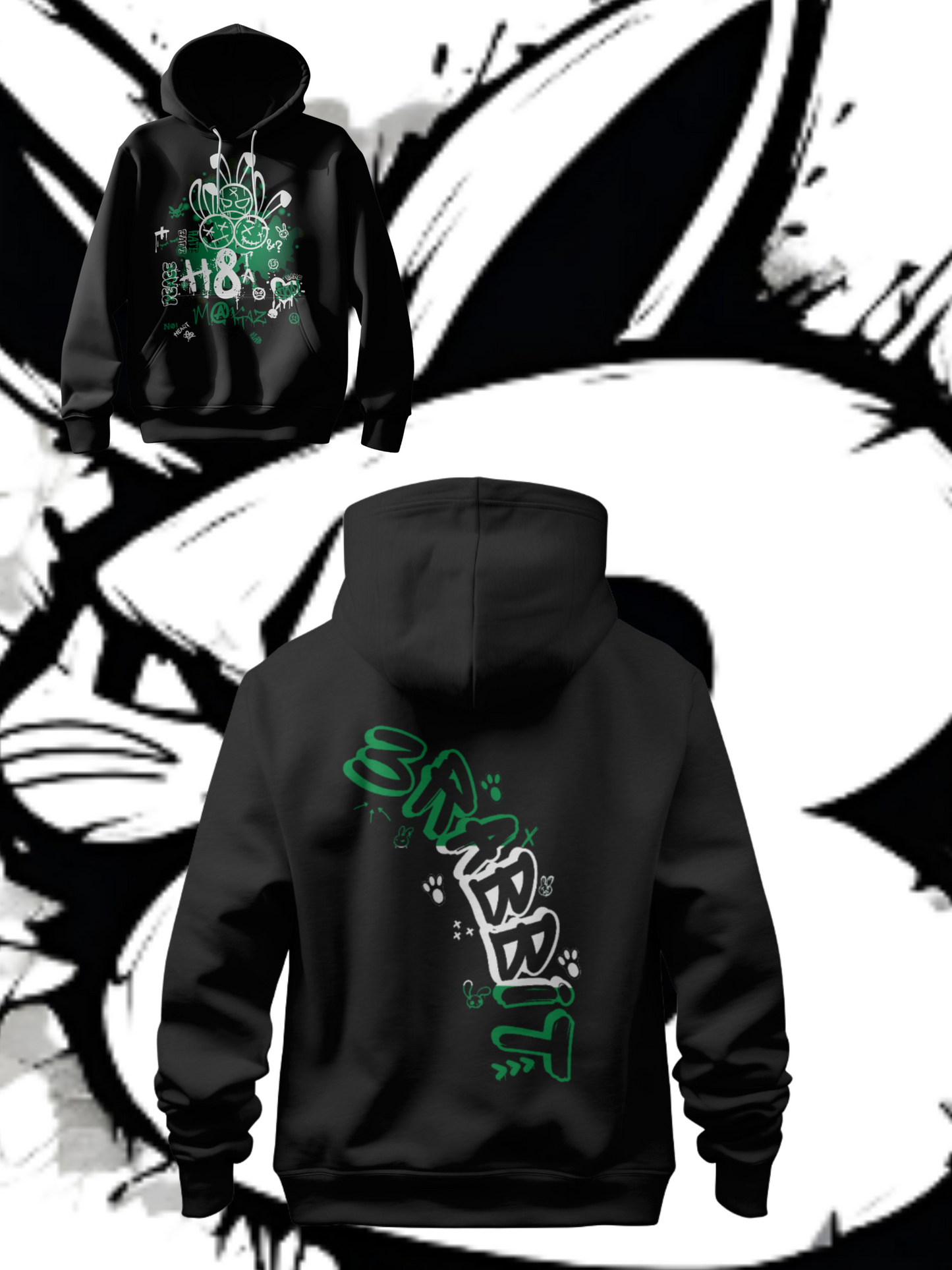 3RBT BLK Pullover Hoodie/ White on Green Logo