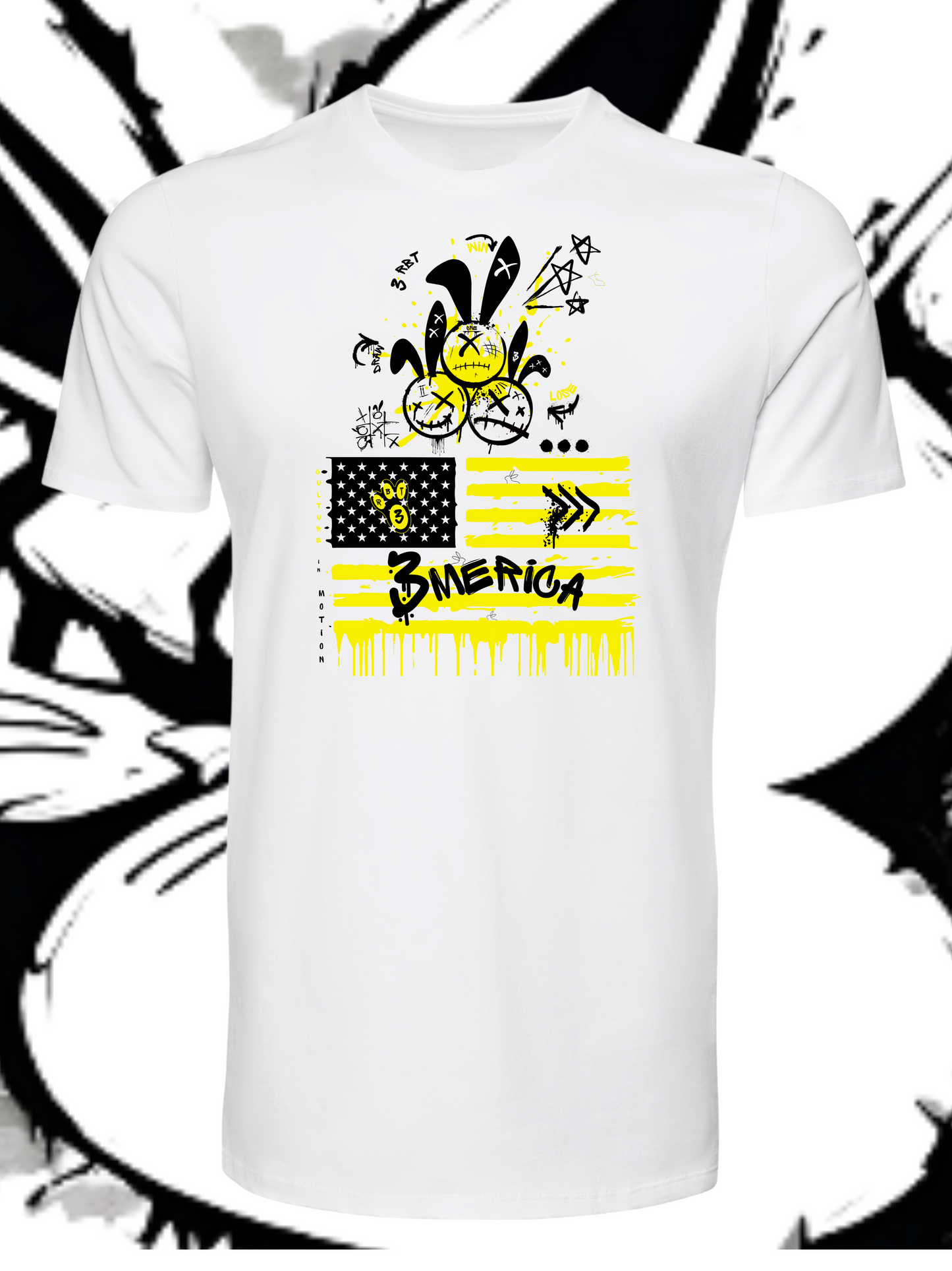 3Merica-ss Wht T-shirt/ yellow&black Logo